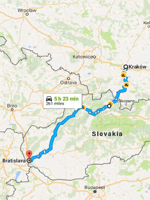 Route between Krakow and Bratislava