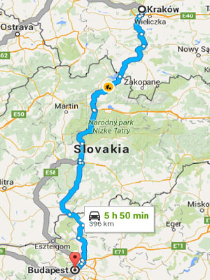 Route between Krakow and Budapest