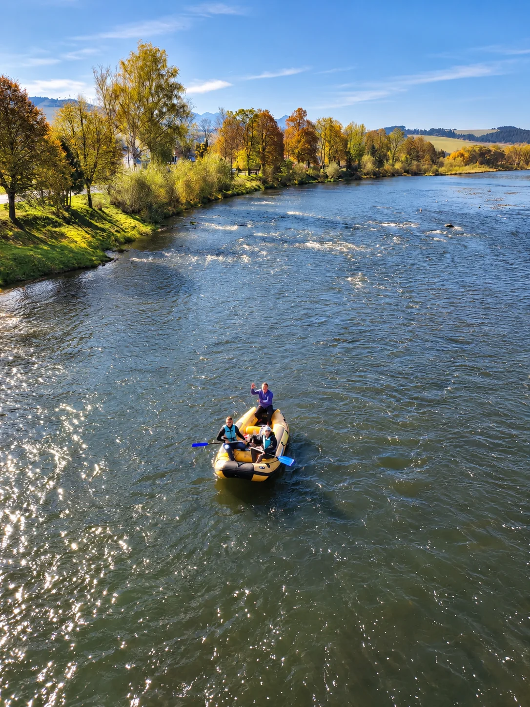 Aerial view of a pontoon rafting group on the Dunajec River