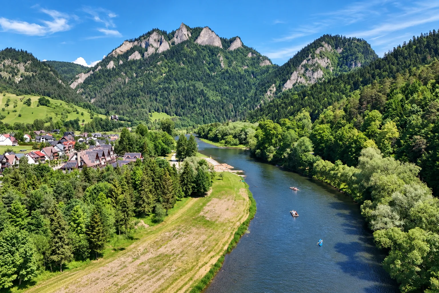 Aerial view of the Dunajec River and Pieniny Mountains