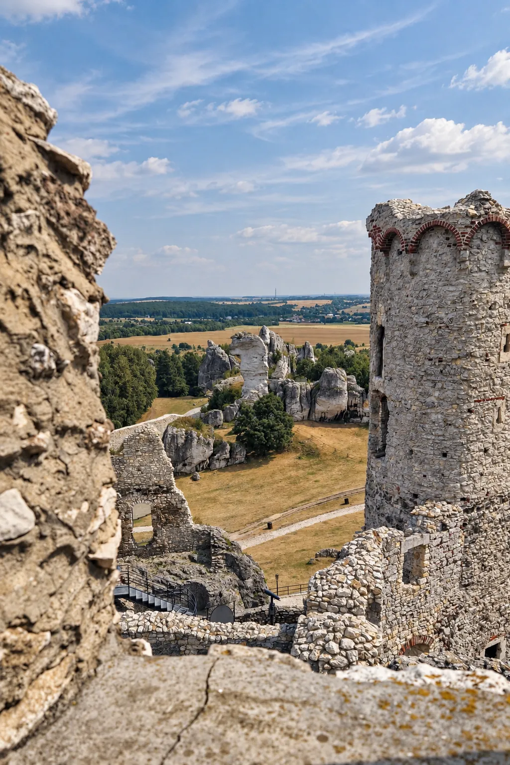 View through the ruins of Ogrodzieniec Castle across the Kraków-Częstochowa Jura