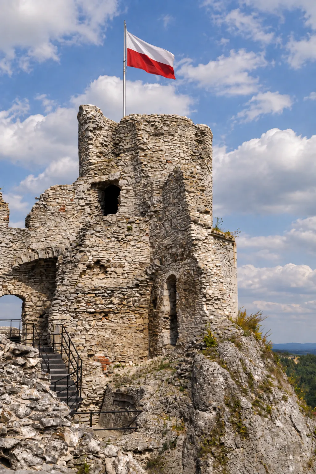 Ogrodzieniec Castle ruins with the Polish flag on the Eagle Nests Trail