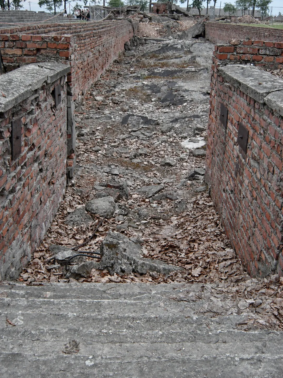 Ruined brick structures at the Auschwitz-Birkenau Memorial