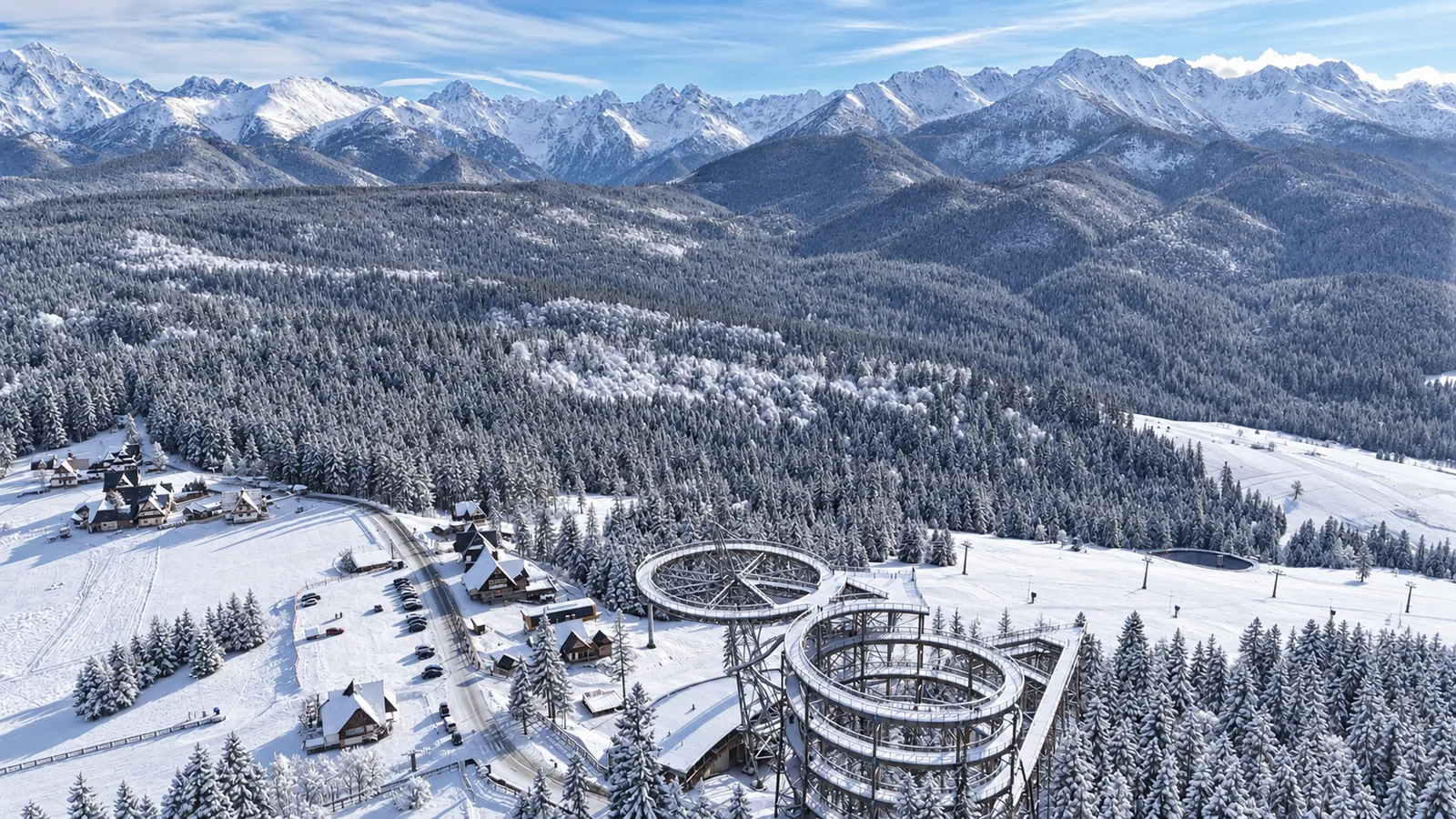SkyWalk in winter with panoramic Tatra Mountains during a private snowmobile tour from Krakow