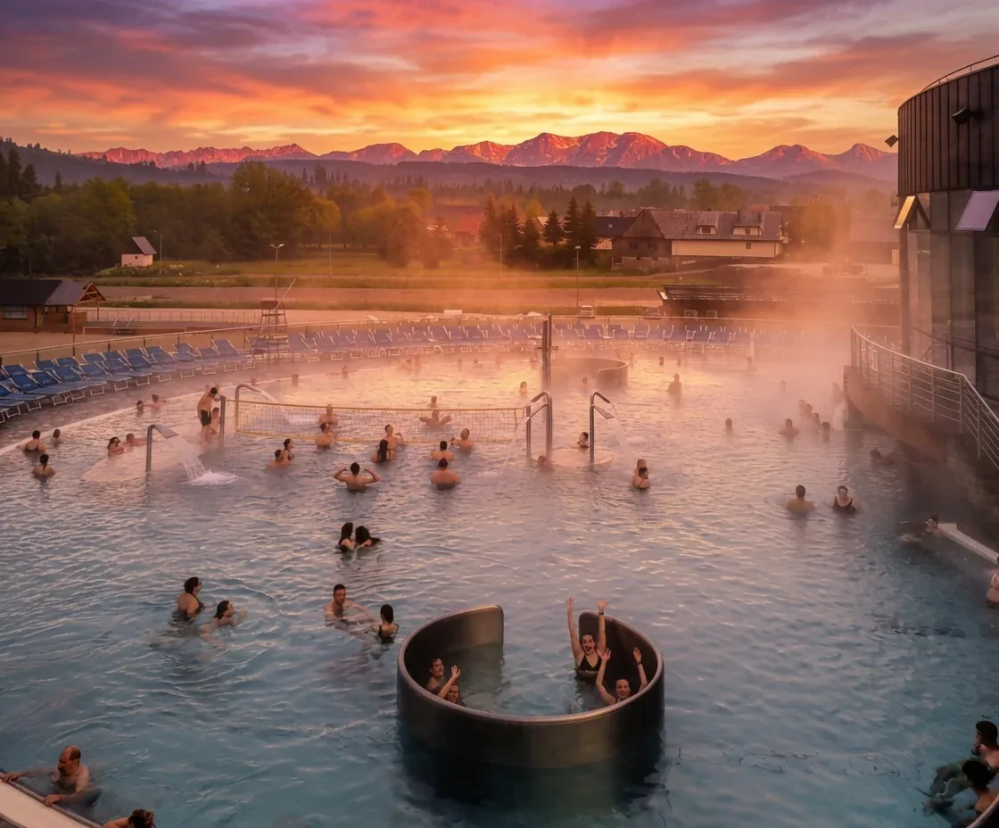 Outdoor thermal pools with a sunset view toward the Tatra Mountains