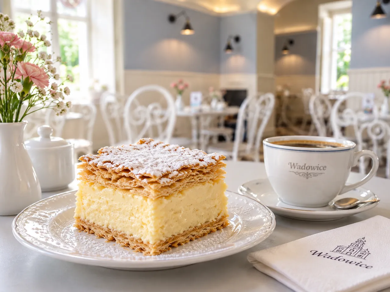 Pope cream cake with black coffee in a Wadowice cafe
