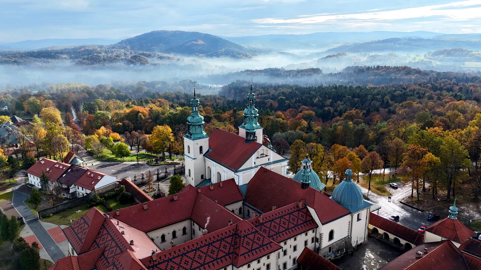 Aerial view of Kalwaria Zebrzydowska sanctuary and the surrounding hills