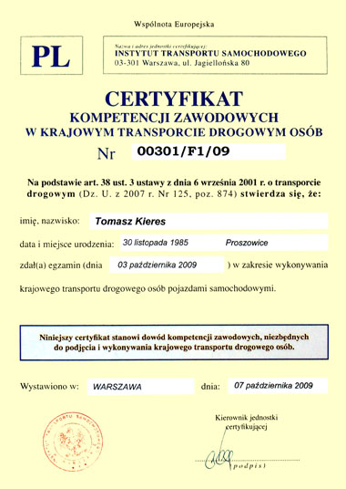 Certificate of Professional Competence in People's Transportation